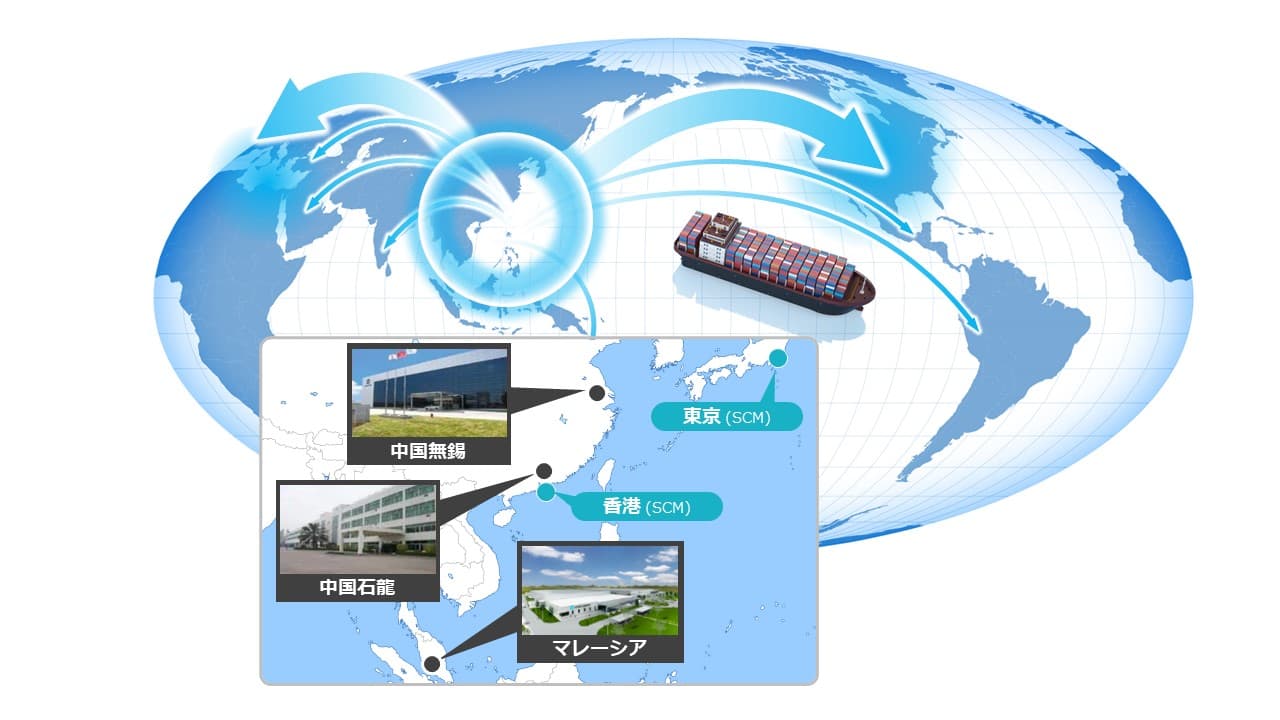 図1 複合機の生産工場はアジアの3カ所、販売拠点は世界150カ国・地域に広がる